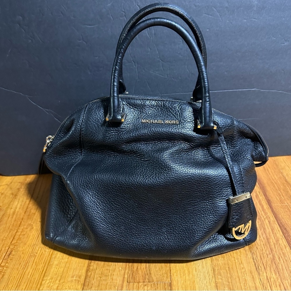 Michael Kors Soft  Black Leather Gold Metal Hardware Satchel Tote Handbag Purse
